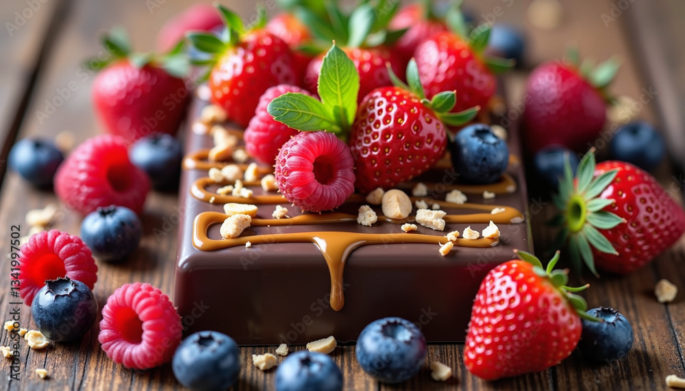 Chocolate Dessert with Berries, in brown and red colors, representing indulgence and gourmet food Chocolate Dessert with Berries, in brown and red colors, representing indulgence and gourmet food