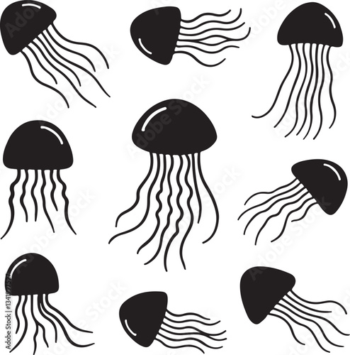 the art of Jellyfish icon set animal silhouette victor design image isolated on the white background.