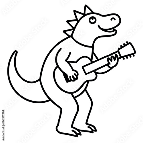 A rockstar dinosaur playing a guitar. 