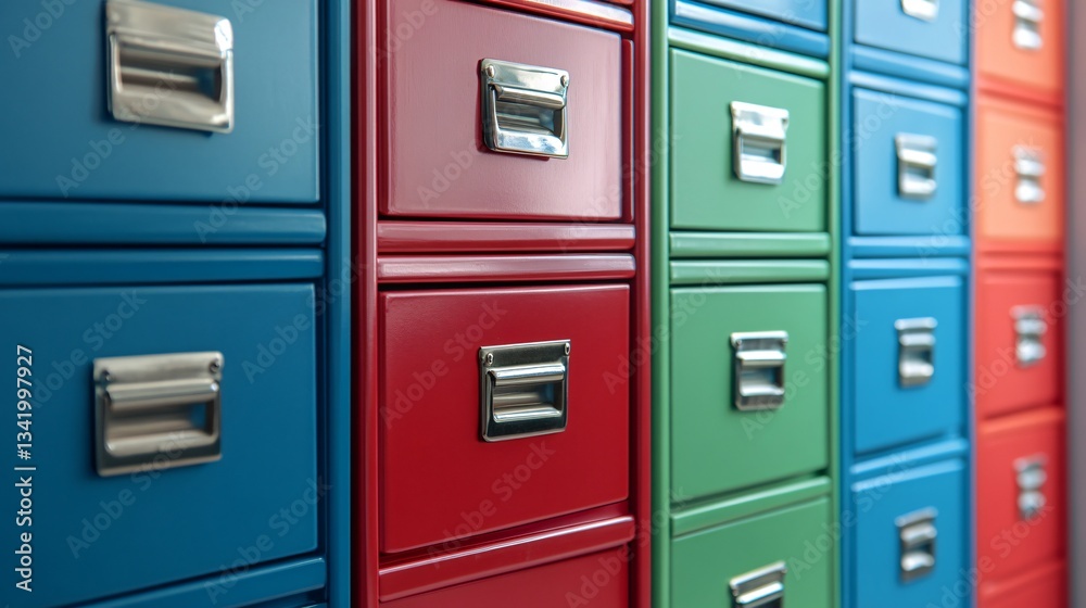 A row of colorful metal filing cabinets in blue, red, and green, with vintage-style handles, studio lighting with soft shadows A row of colorful metal filing cabinets in blue, red, and green, with vintage-style handles, studio lighting with soft shadows