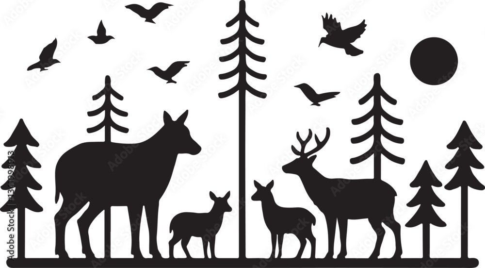 Scandinavian Forest Wildlife Scene with Animals and Birds icon silhouette victor design image isolated on the white background. Scandinavian Forest Wildlife Scene with Animals and Birds icon silhouette victor design image isolated on the white background.