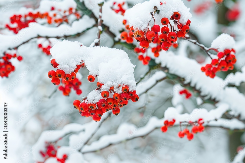 Vibrant red rowan berries contrast against a snow-covered branch in natural daylight Vibrant red rowan berries contrast against a snow-covered branch in natural daylight