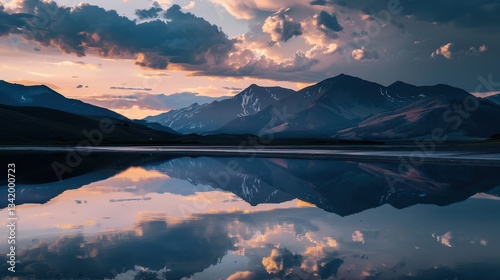 Majestic mountains reflected in calm, mirror-like lake landscape.
