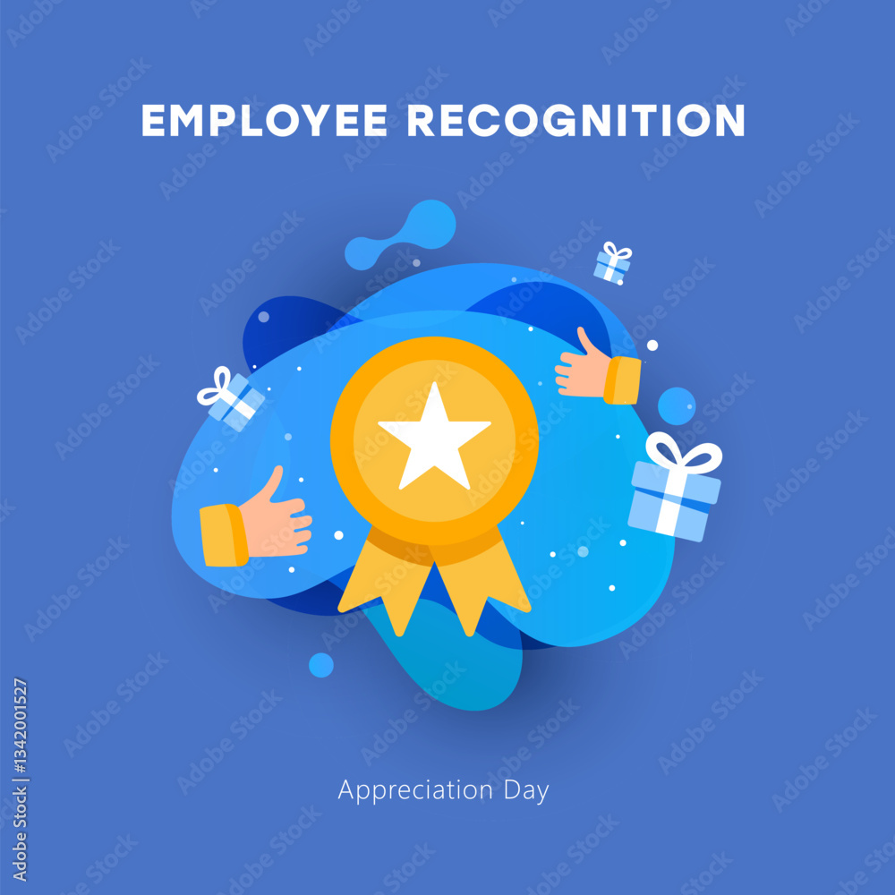 An illustration celebrating Employee Recognition and Appreciation Day, featuring a star medal, gift boxes, and thumbs-up icons. A vibrant, modern design highlighting employee achievements and