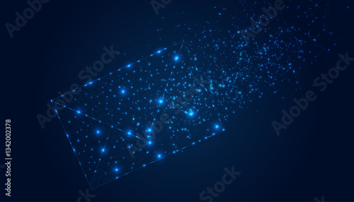 Futuristic flying electronic envelope, email made of lines, stars, dots, low polygonal shapes on dark  blue to purple background. Web correspondence concept. Modern design vector illustration.