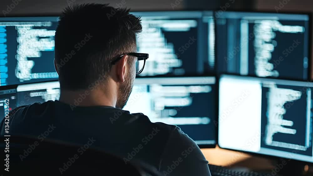 Hacker in a Dark Room Analyzing Encrypted Data and Threat Warnings