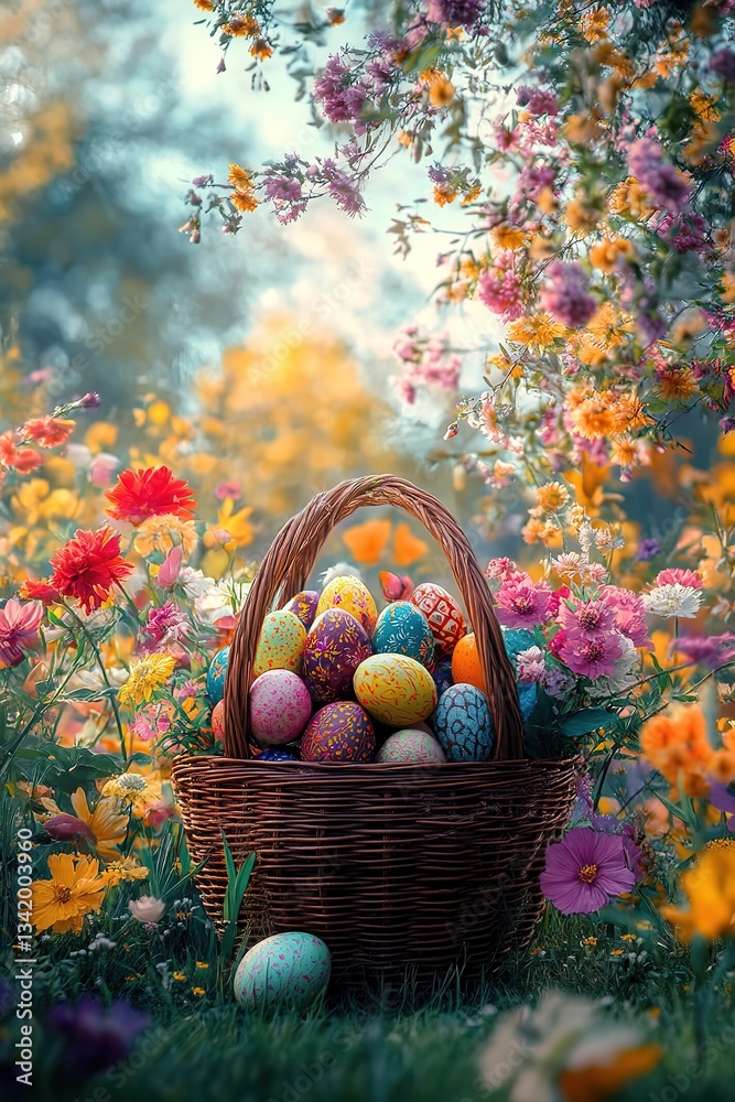 A basket filled with various painted Easter eggs surrounded by colorful flowers against a soft natural backdrop, ideal for Easter, spring, and floral - themed works. A basket filled with various painted Easter eggs surrounded by colorful flowers against a soft natural backdrop, ideal for Easter, spring, and floral - themed works.