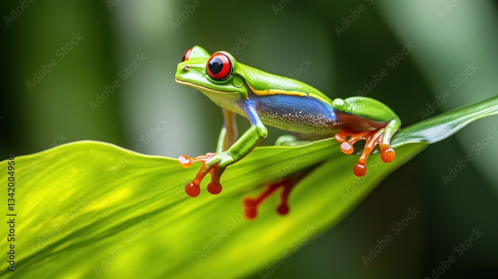 Fototapeta premium Vibrant red-eyed tree frog poised gracefully on a lush green leaf, jungle dwelling