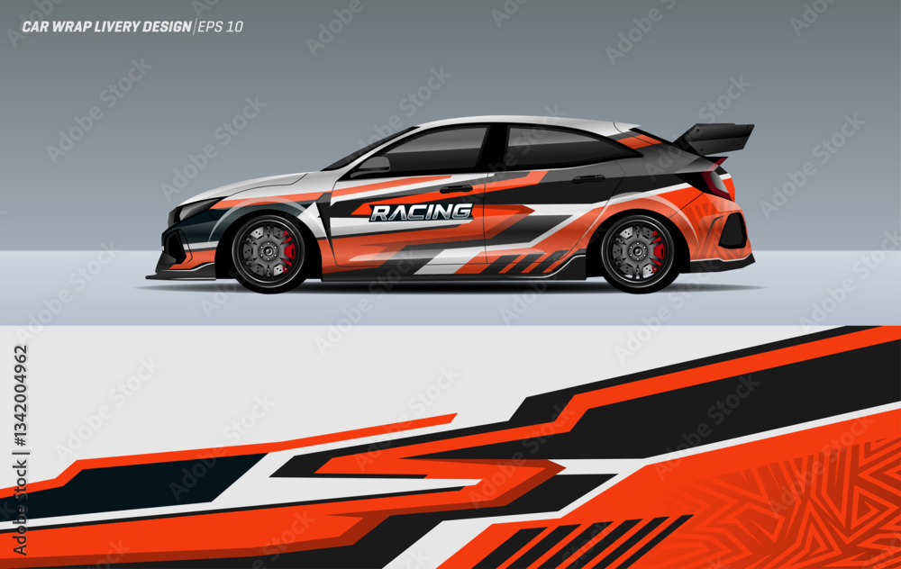 Modern racing car wrap. livery design with elegant racing line theme with orange color combination