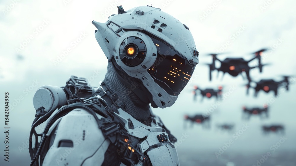 Fototapeta premium Advanced drone operator controlling swarm, future warfare technology concept