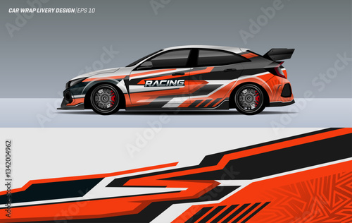 Modern racing car wrap. livery design with elegant racing line theme with orange color combination