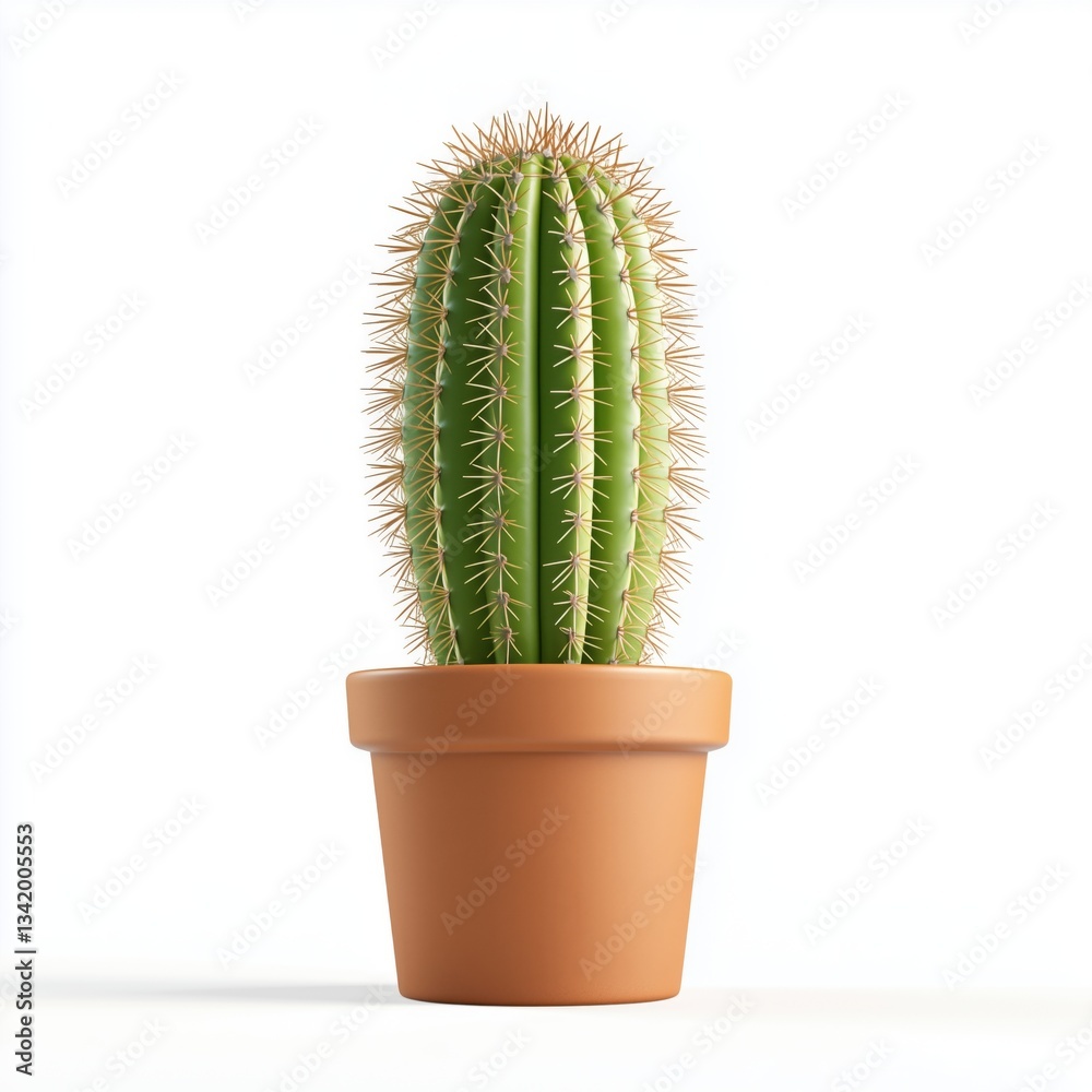 Tall green cactus in a terracotta pot on a white background showcasing its spiky texture and vibrant color Tall green cactus in a terracotta pot on a white background showcasing its spiky texture and vibrant color