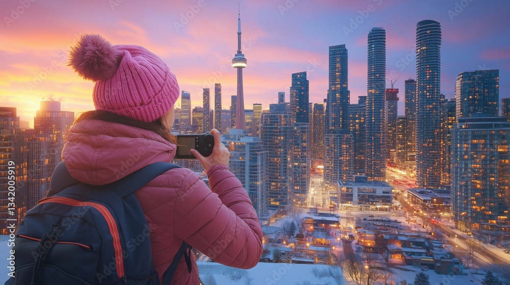 Fototapeta premium Capturing sunset skyline view from high point in Toronto with CN Tower and city lights glowing