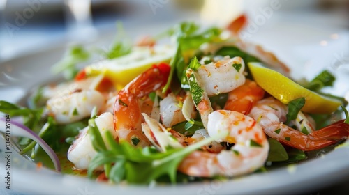 Vibrant seafood salad with lemon and fresh greens in natural light