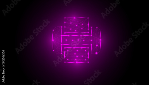 Printer icon - With glowing point and lines scales on the purple and black background. Vector Illustration eps10