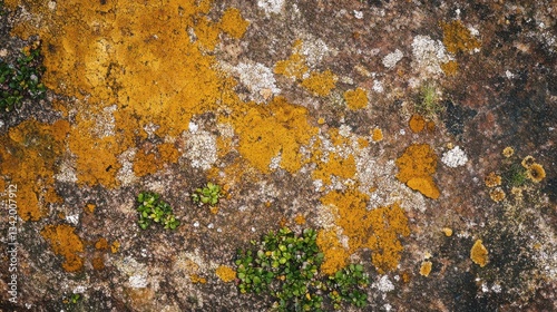 Colorful Lichen and Moss on Textured Rock Surface in Nature