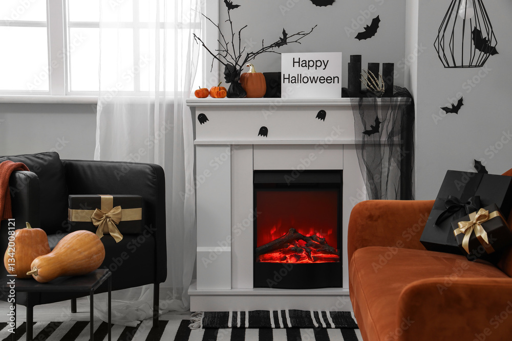 Naklejka premium Interior of festive living room with fireplace, brown sofa and Halloween decorations