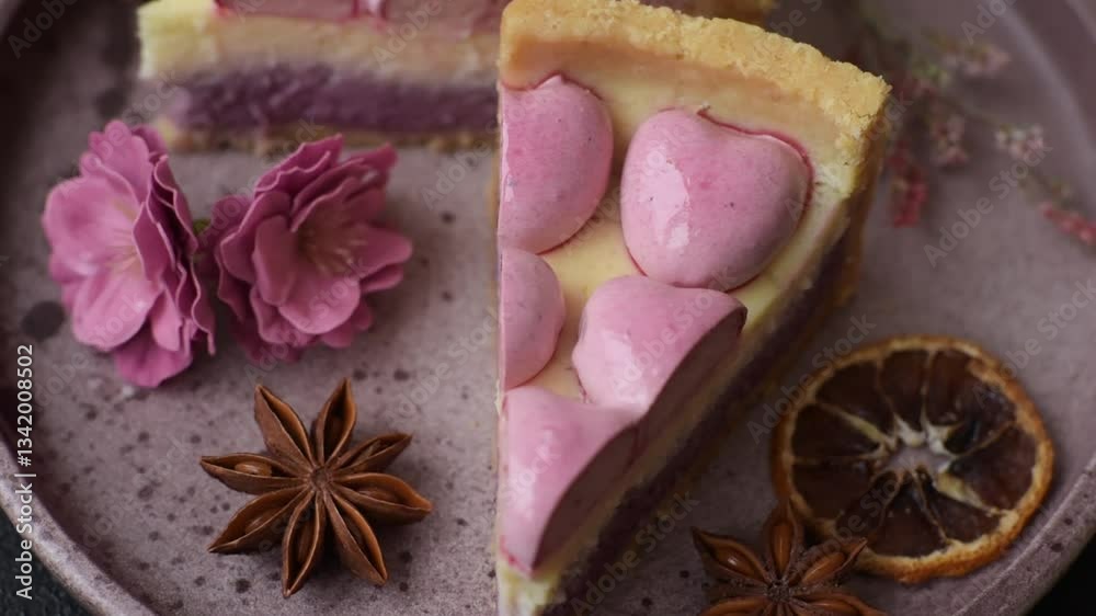 Sweet cheesecake with berry flavor, decorated with pink hearts, sweets for Valentine's Day Sweet cheesecake with berry flavor, decorated with pink hearts, sweets for Valentine's Day