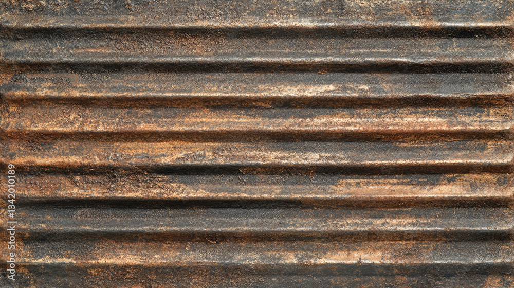 Rusty corrugated metal with horizontal ridges and weathered texture Rusty corrugated metal with horizontal ridges and weathered texture