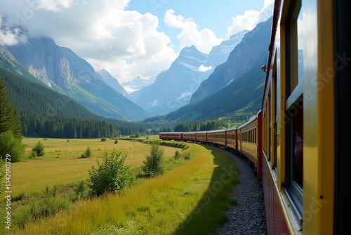 Scenic Red and Yellow Train Journey Through Dramatic Mountain Valley with Snow-Capped Peaks Modern locomotive against the background of a beautiful landscape