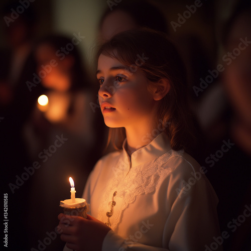 Young girl in candlelight during Easter church service