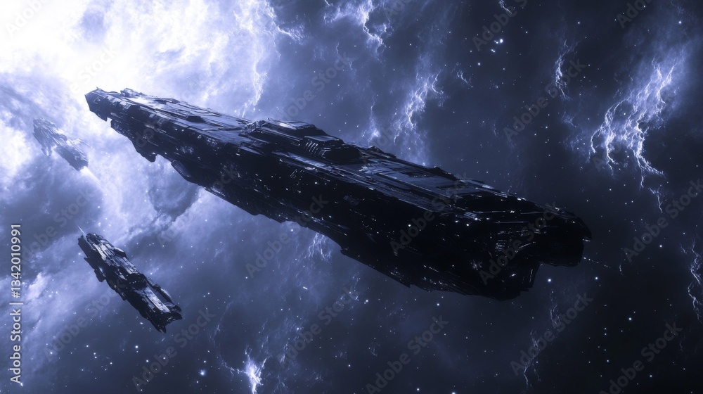 Naklejka premium Dark Spaceships in a Blue Nebula