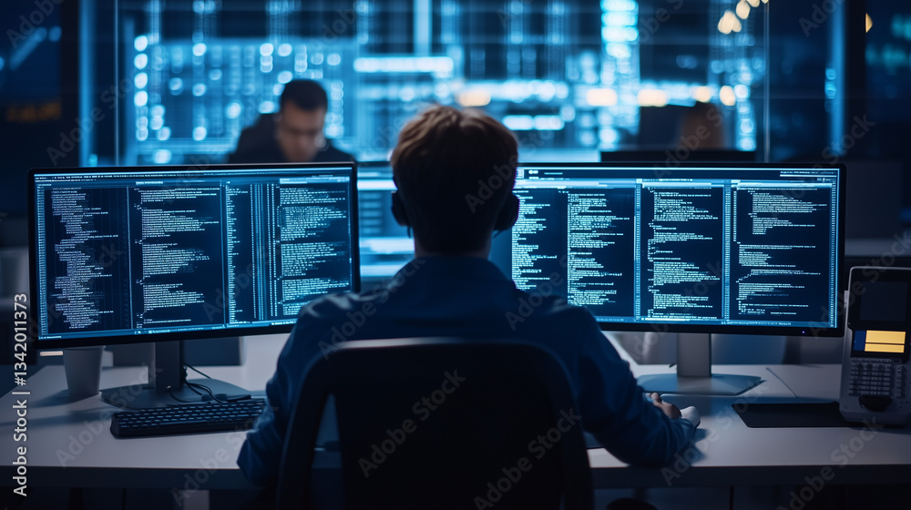 Modern IT office with cybersecurity experts monitoring multiple computer screens with digital codes. Modern IT office with cybersecurity experts monitoring multiple computer screens with digital codes.
