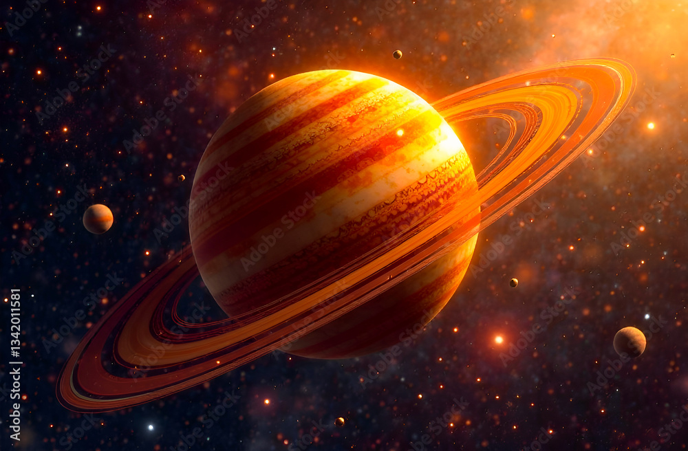 Naklejka premium majestic planetary system orbiting orange gas giant 