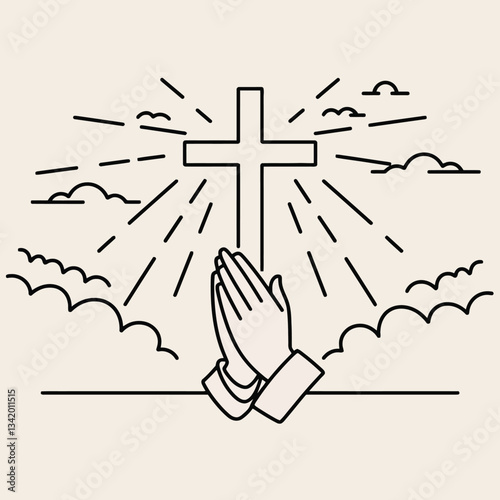Good Friday Cross and Praying Hands Minimal Line Art