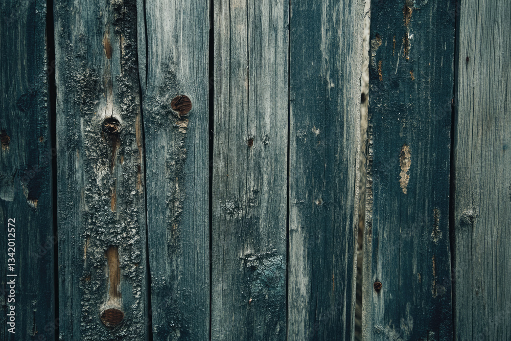 Fototapeta premium Aged weathered wooden planks with blue-green textures and knots
