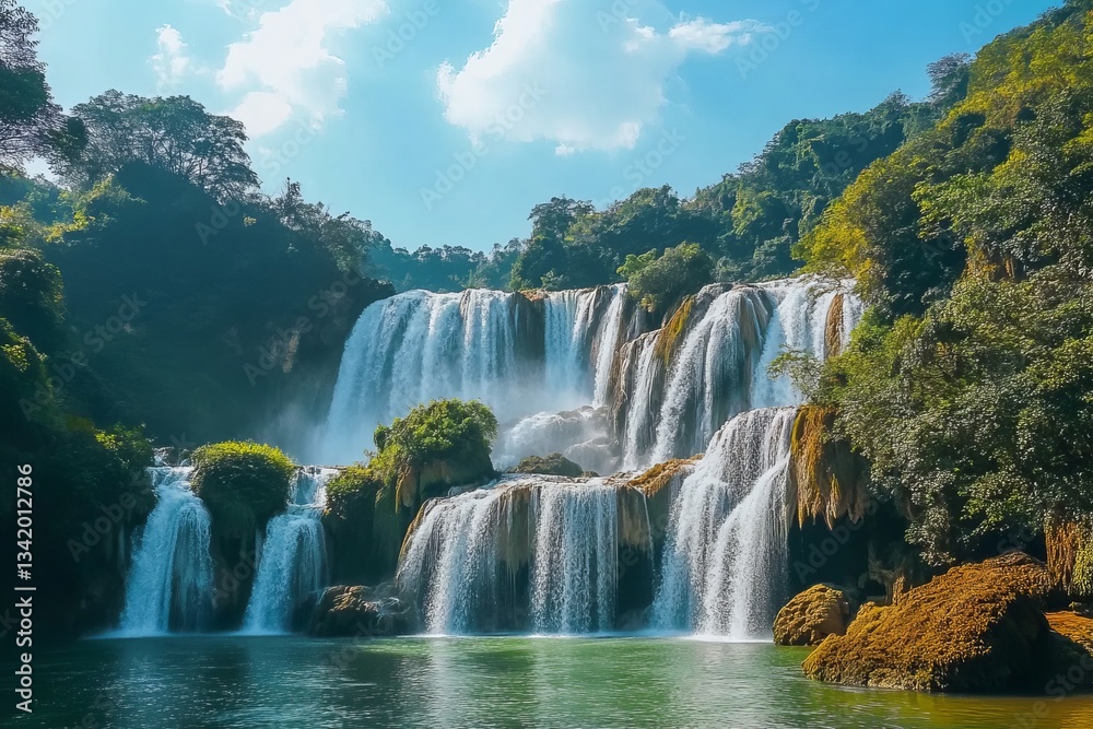 The breathtaking view of the Diu Waterfall in Guizhou Province, China, showcases its majestic waterfalls cascading over lush greenery and crystal-clear waters under a clear blue sky. The breathtaking view of the Diu Waterfall in Guizhou Province, China, showcases its majestic waterfalls cascading over lush greenery and crystal-clear waters under a clear blue sky.