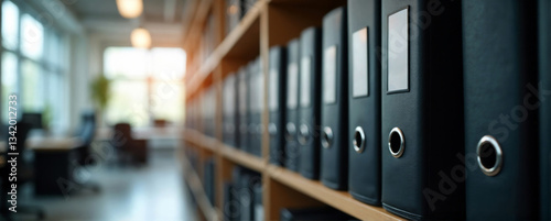 Organized black binders on a shelf representing order and efficiency in in office with copy space