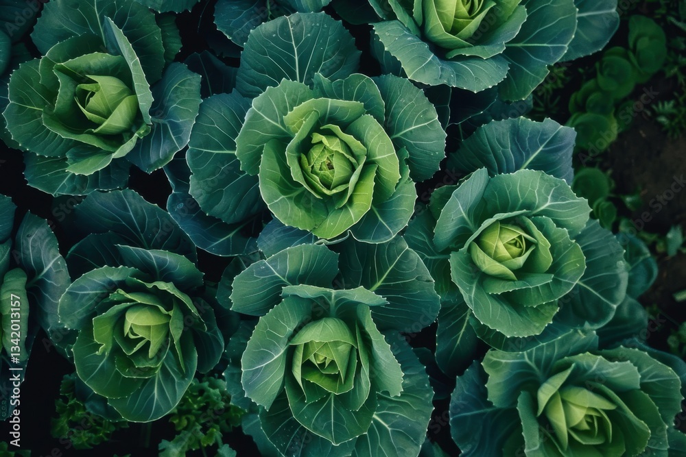 Aerial View of Lush Green Cabbage Fields in Fresh Farm Landscape Aerial View of Lush Green Cabbage Fields in Fresh Farm Landscape