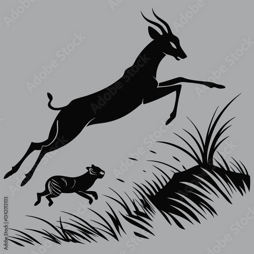 an antelope escaping a predator silhouette vector design art and illustration