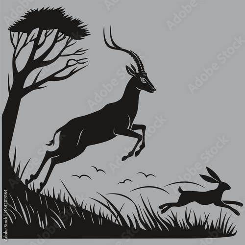 an antelope escaping a predator silhouette vector design art and illustration