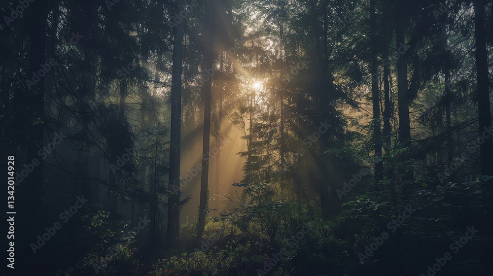 Fototapeta premium Sunlight Streams Through Forest, Evoking Tranquility and Natural Beauty