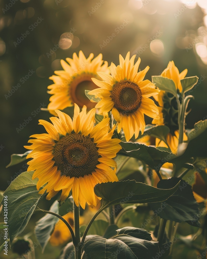 Obraz premium Sunflowers basking in sunlight amidst lush green leaves