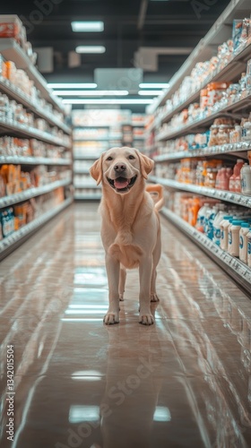 A dog is standing in a store aisle