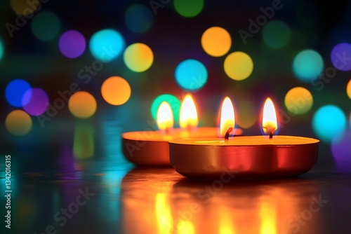 A beautiful illustration of burning candles on a dark background with a bokeh effect, depicting the Indian festival of Diwali celebration, in a flat lay