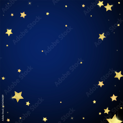 Magic stars vector overlay. Gold stars scattered around randomly, falling down, floating. Chaotic dreamy childish overlay template. Miraculous starry night vector on dark blue background.