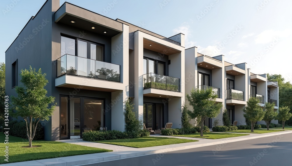 Exterior of modern minimal townhouse design with spacious balconies, large windows, landscaped front yards. Residential area with row houses in town. Real estate rentals with minimalist architecture. Exterior of modern minimal townhouse design with spacious balconies, large windows, landscaped front yards. Residential area with row houses in town. Real estate rentals with minimalist architecture.