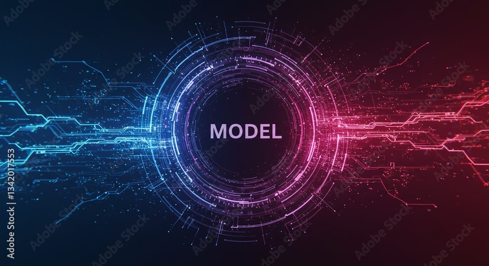 Obraz premium Model Futuristic Illustration: A dynamic, high-tech abstract design showcasing an interconnected network of data streams, with the word 