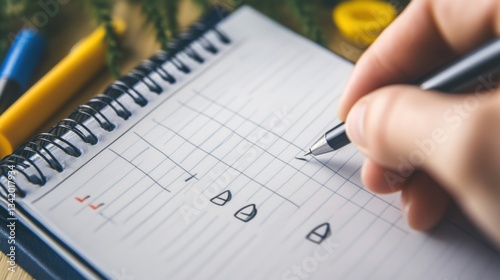 Close-up of hand writing in a notebook with grid lines and simple drawings