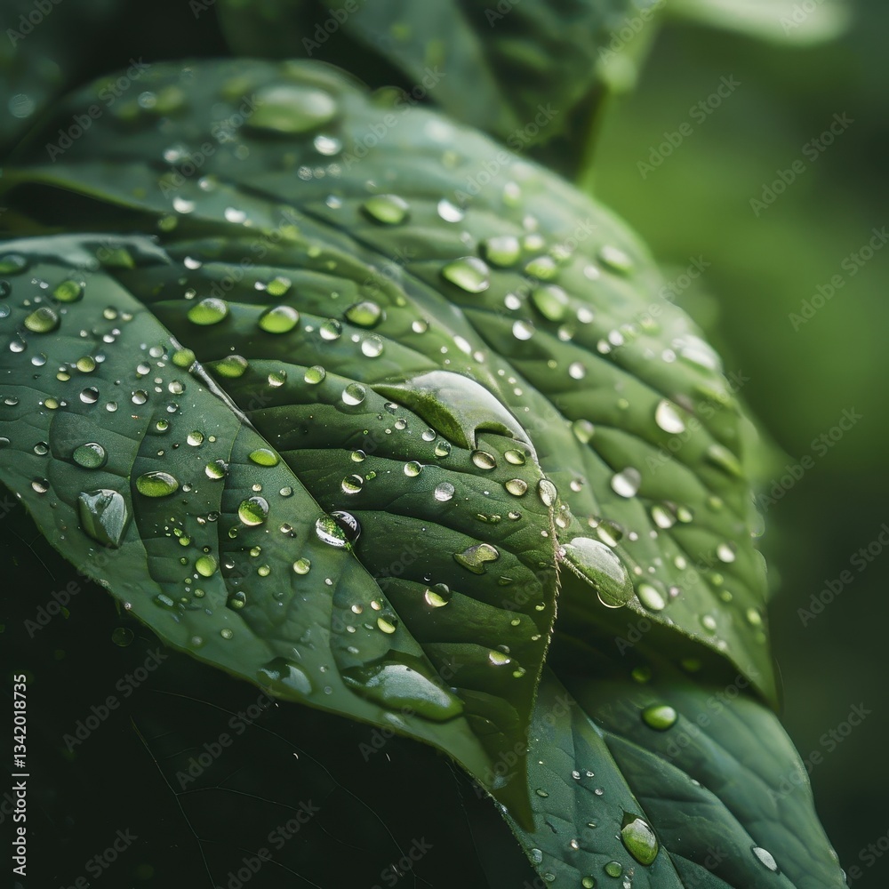 Obraz premium Close-up photo of wet leaves with water droplets and light reflections