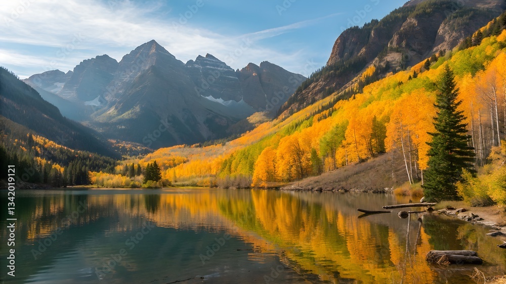 Fototapeta premium Serene Mountain Lake with Autumn Foliage Reflection Stunning Tranquil Landscape