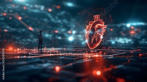 A person observes a glowing digital heart, representing futuristic healthcare, technology, and innovation.  Image depicts a connection between humanity and advanced medical technology.