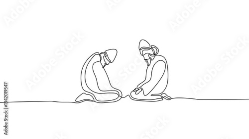 Sufi teacher and student in spiritual connection. Represents Islamic mysticism, wisdom, and tradition. Continuous line art drawing animation black and white.