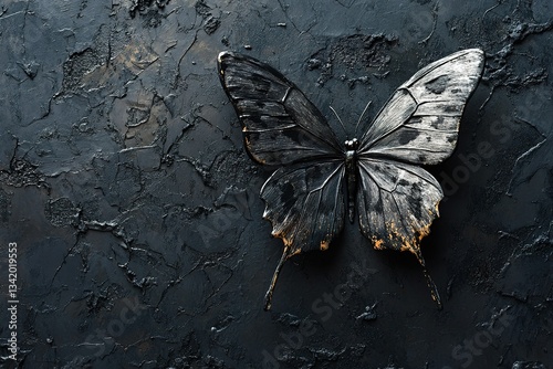 Monochrome butterfly on textured dark background subtle gold accents on wing edges