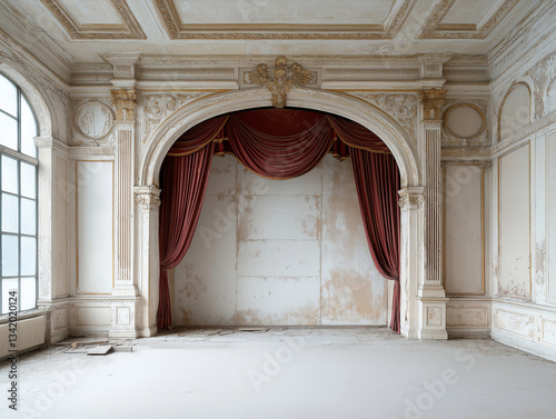 Elegant theater stage with red curtain and detailed architecture in a historic venue during daytime