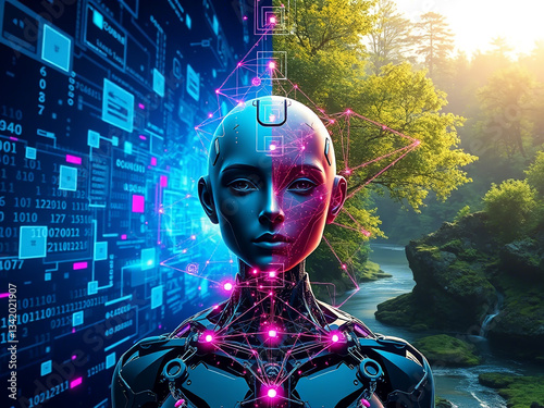 The scene should be divided into two distinct but interconnected halves, representing dualities such as pastfuture, realvirtual, or lightdark(2)